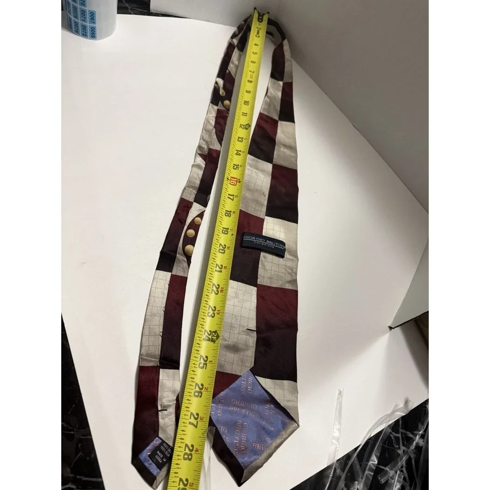 Giorgio Brutini Collezione Mens Silk Tie Burgundy Grey Geometric Grid Formal 4in